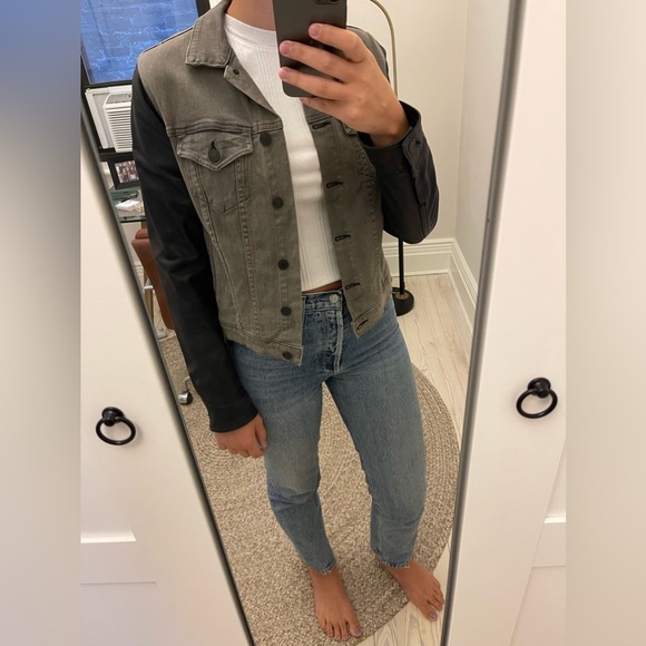 rag & bone Denim Jacket with Leather Sleeves, Grey/Black, Medium - Picture 4 of 6